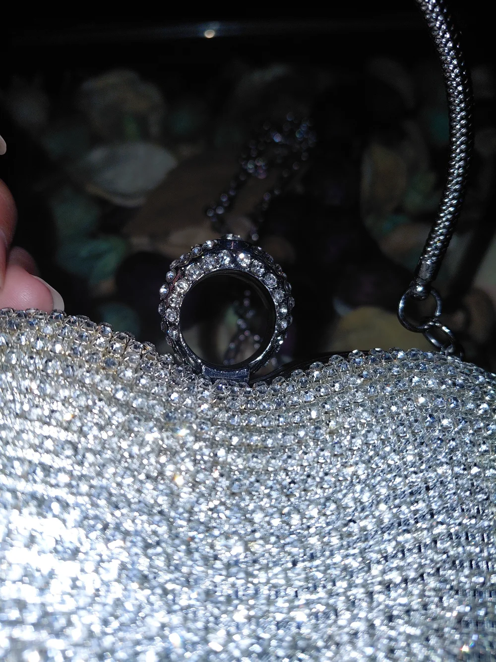 Natasha Couture Silver Crystal Heart Clutch with Fringe